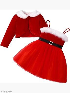 Girls Christmas Dress Set with Velvet Cardigan 3-8T